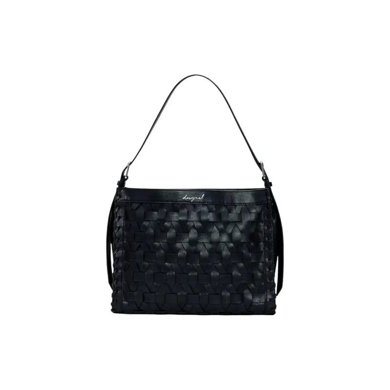 Desigual black woven leather shoulder bag with sleek textured pattern and minimalist design featuring a zip pocket