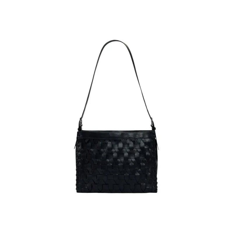 Desigual black polyester handbag with a black woven leather shoulder bag featuring a sleek textured pattern and slender strap