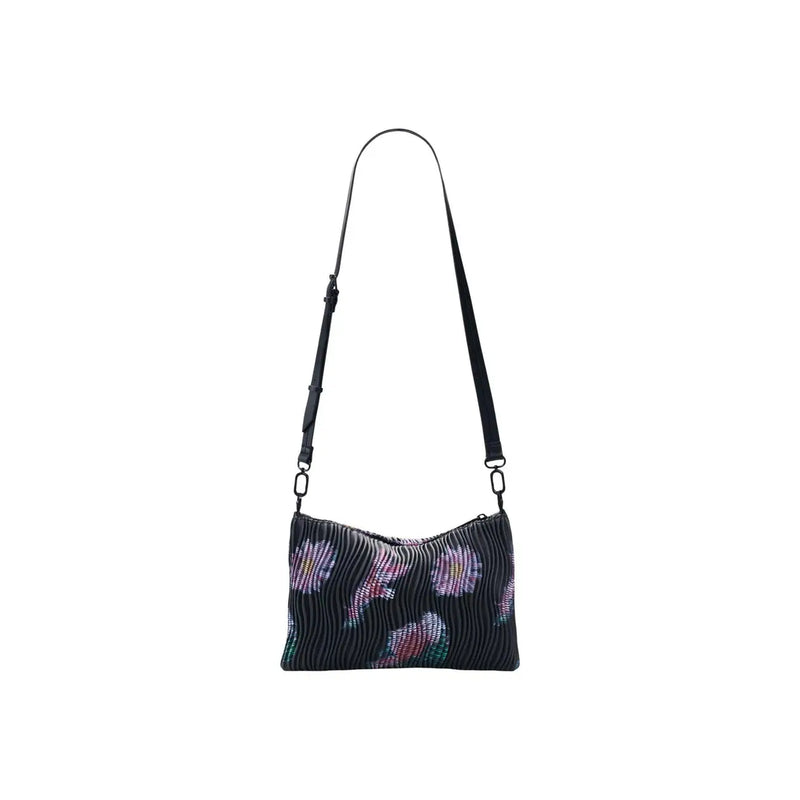 Desigual black polyester handbag crossbody bag with zip pocket featuring colorful floral embroidery and pleated design
