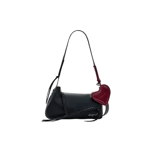 Desigual black polyurethane handbag for women with braided detailing and red heart-shaped charm on the shoulder bag