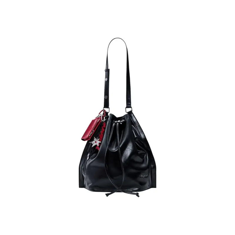 Sac à dos seau Desigual en cuir noir brillant avec porte-clés étoile rouge