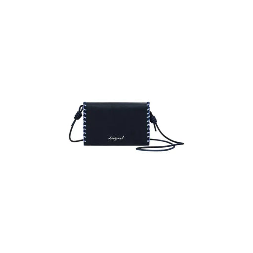 Dark blue polyurethane shoulder bag with white stitching and automatic buttons
