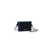 Black crossbody bag with blue stitching and thin strap from Desigual featuring automatic buttons