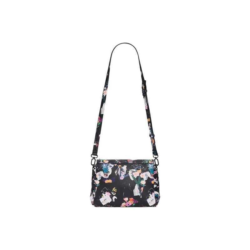 Desigual black cotton crossbody shoulder bag with vibrant floral anime print and adjustable strap featuring inside pocket