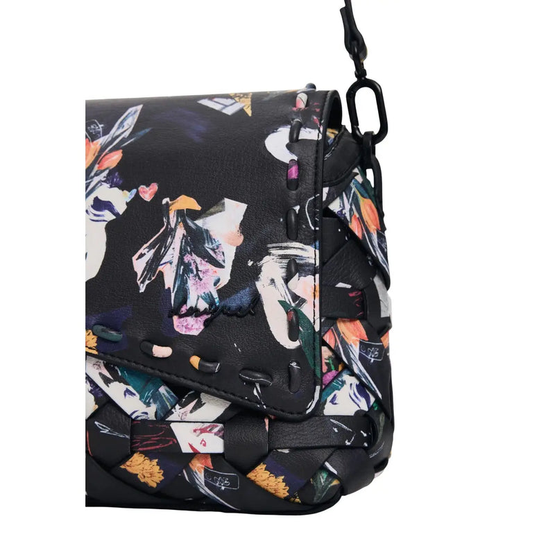 Desigual black print cotton shoulder bag with vibrant abstract floral patterns braided leather base and inside pocket