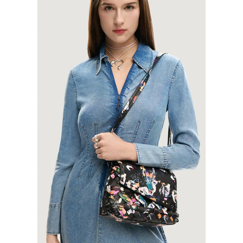 Desigual black print cotton crossbody bag with vibrant multicolored floral and abstract patterns and inside pocket
