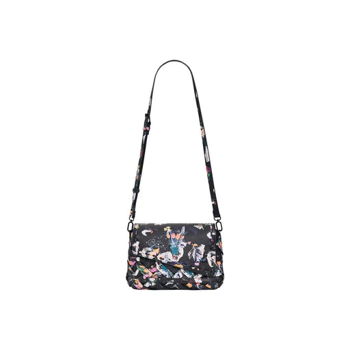 Desigual black print cotton shoulder bag with vibrant pink yellow green floral design and inside pocket