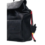 Desigual black perforated leather rucksack with pockets for women featuring a red strap and black butterfly charm