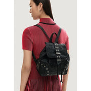 Desigual black leather rucksack for women with embossed floral pattern and silver-toned eyelets and pockets