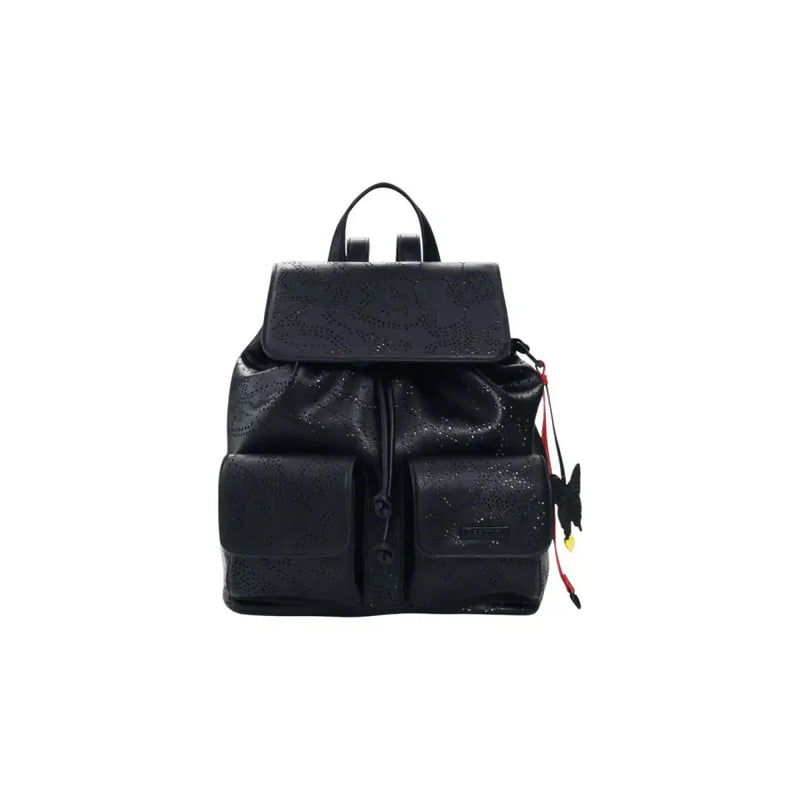 Sac à dos Desigual en cuir noir avec motif perforé, breloque papillon et poches pour femme