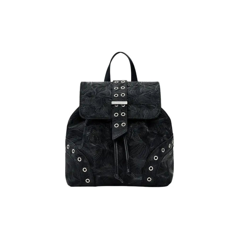 Desigual black leather rucksack with embossed floral pattern and silver-toned eyelets for women with pockets
