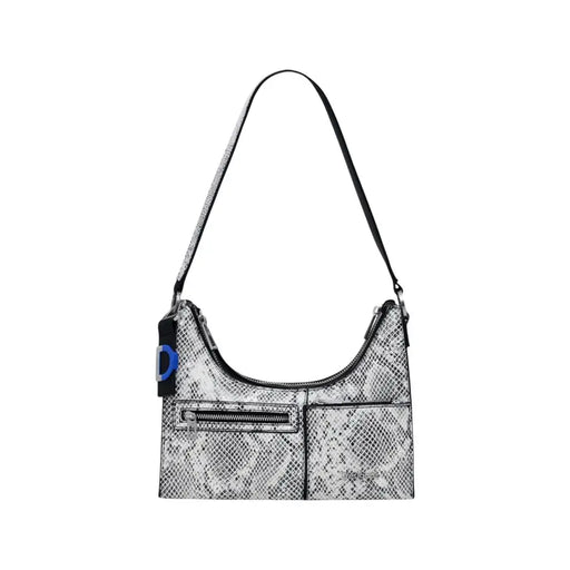 White and grey snakeskin print shoulder bag with black strap and front pockets for Fall Winter