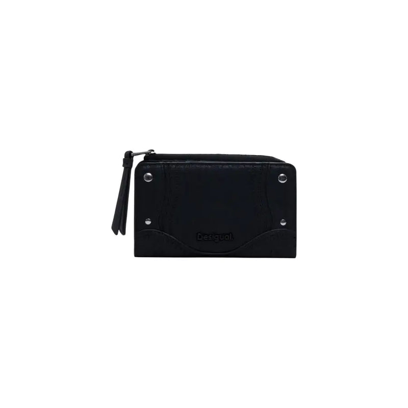 Desigual black zip wallet in polyurethane with textured surface and silver studs