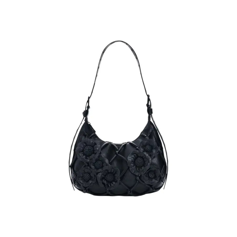 Sac hobo noir zippé Desigual avec appliqués floraux et motif matelassé