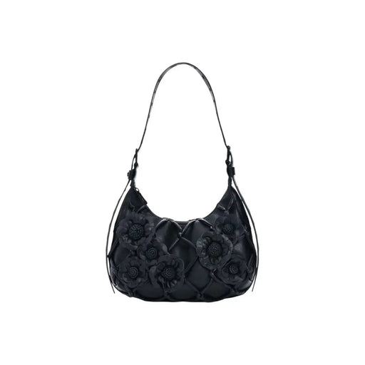 Sac hobo noir zippé Desigual avec appliqués floraux et motif matelassé