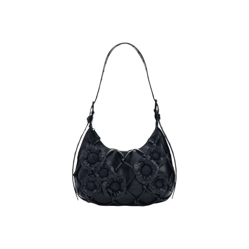 Desigual black leather hobo bag with quilted diamond pattern and dimensional floral appliqués featuring interior pocket