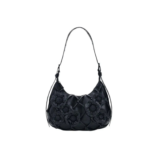 Desigual black leather hobo bag with quilted diamond pattern and dimensional floral appliqués featuring interior pocket