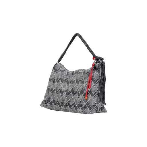 Desigual blue geometric cotton handbag with gray geometric pattern shoulder bag braided black handle and red drawstring closure