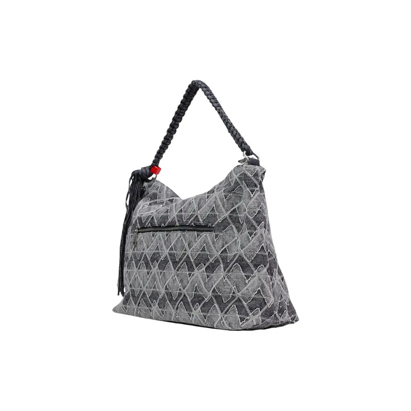 Gray geometric-patterned cotton handbag by Desigual with braided black handle and red accent bead with zip pocket