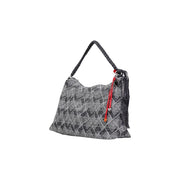 Desigual blue geometric cotton handbag with gray geometric pattern shoulder bag braided black handle and red drawstring closure