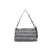 Desigual blue geometric cotton handbag with gray pattern, black strap, tassel detail, and zip pocket