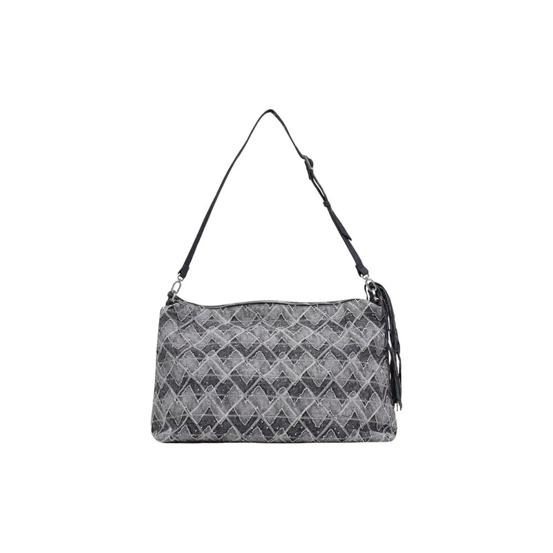 Desigual blue geometric cotton handbag with gray pattern, black strap, tassel detail, and zip pocket