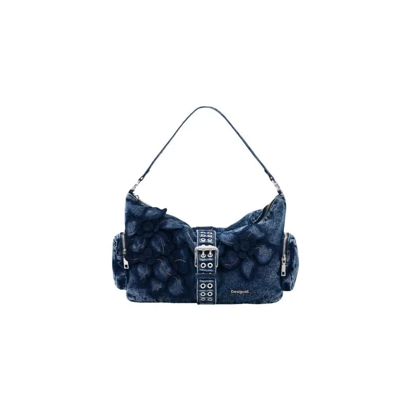 Sac bandoulière Desigual en denim bleu orné d'appliqués floraux noirs et d'une boucle argentée