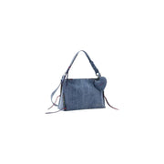 Desigual blue denim shoulder bag with braided handles heart shaped charm and multiple pockets for daily use