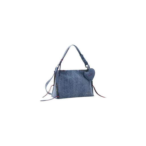 Desigual blue denim shoulder bag with braided handles heart shaped charm and multiple pockets for daily use