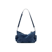 Sac à main Desigual bleu avec doublure en denim foncé et tissu usé, anses en cuir noir