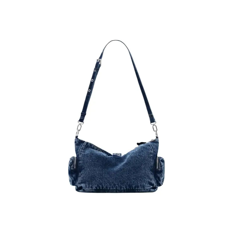 Sac à main Desigual bleu avec doublure en denim foncé et tissu usé, anses en cuir noir