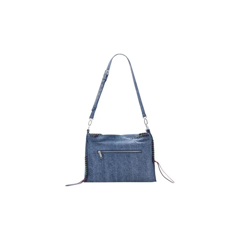 Denim shoulder bag with textured blue fabric body silver zipper pocket and matching strap by Desigual