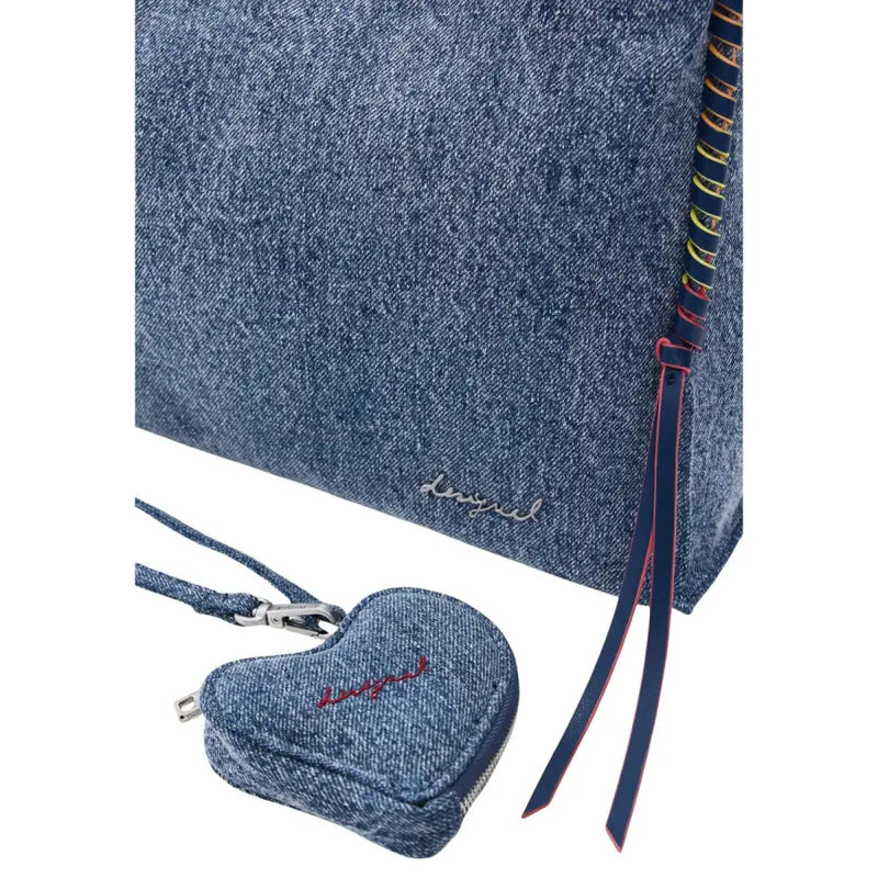 Denim-textured heart-shaped coin purse with red embroidery and silver zipper featured in desigual blue handbag with shoulder strap and pockets