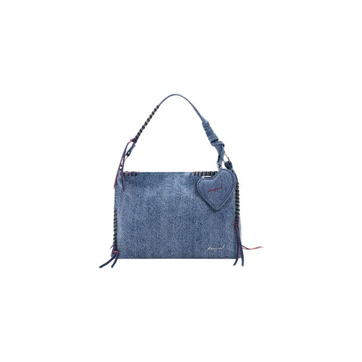 Desigual blue denim shoulder bag with frayed edges heart-shaped charm shoulder strap and pockets