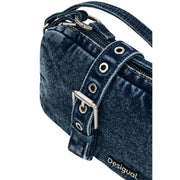 Denim crossbody bag with silver-toned buckle and hardware featuring shoulder strap and zip pocket by Desigual blue handbag