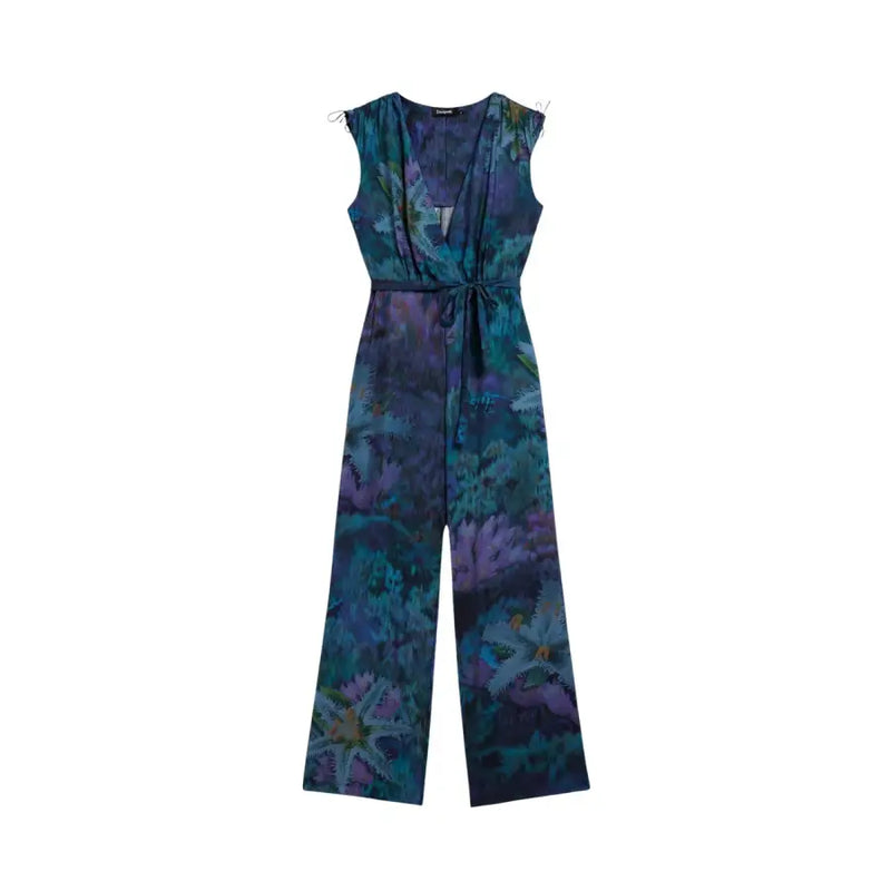 Desigual blue sleeveless v neck jumpsuit for women with wide legs and tied waistband in deep teal and purple floral print