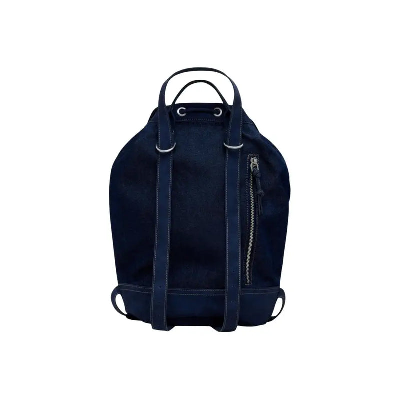 Sac à dos Desigual en daim bleu marine avec bretelles en cuir et fermetures éclair argentées, idéal pour l'automne et l'hiver.