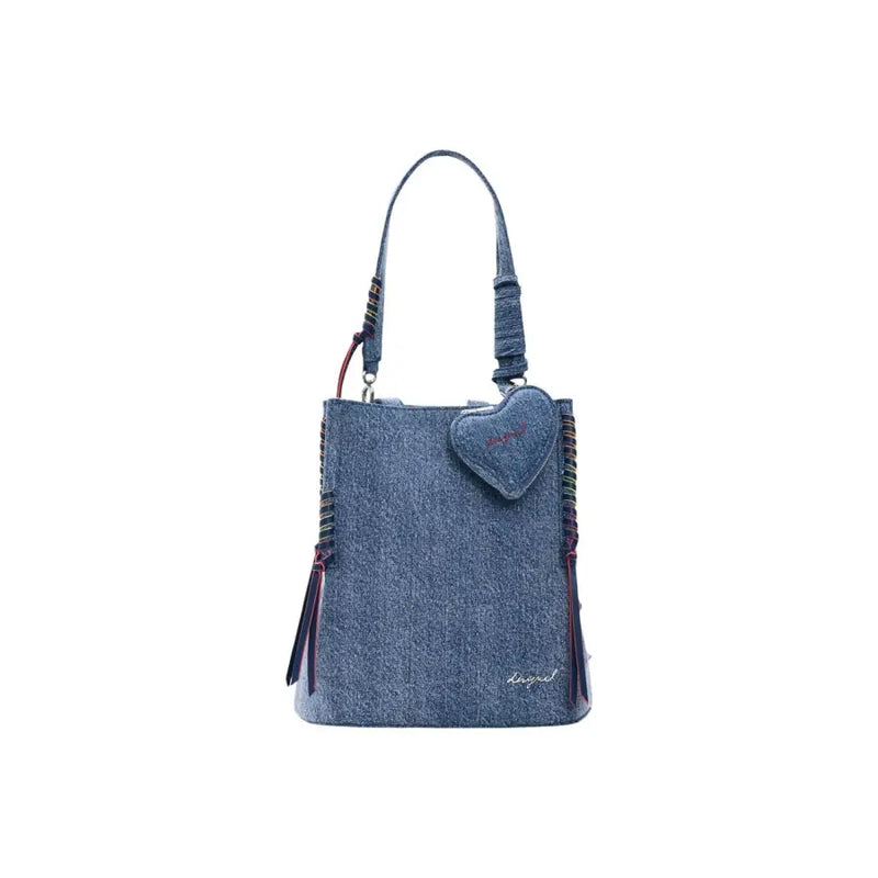 Denim blue Desigual zippered bucket bag with heart-shaped charm and colorful braided accents with pockets