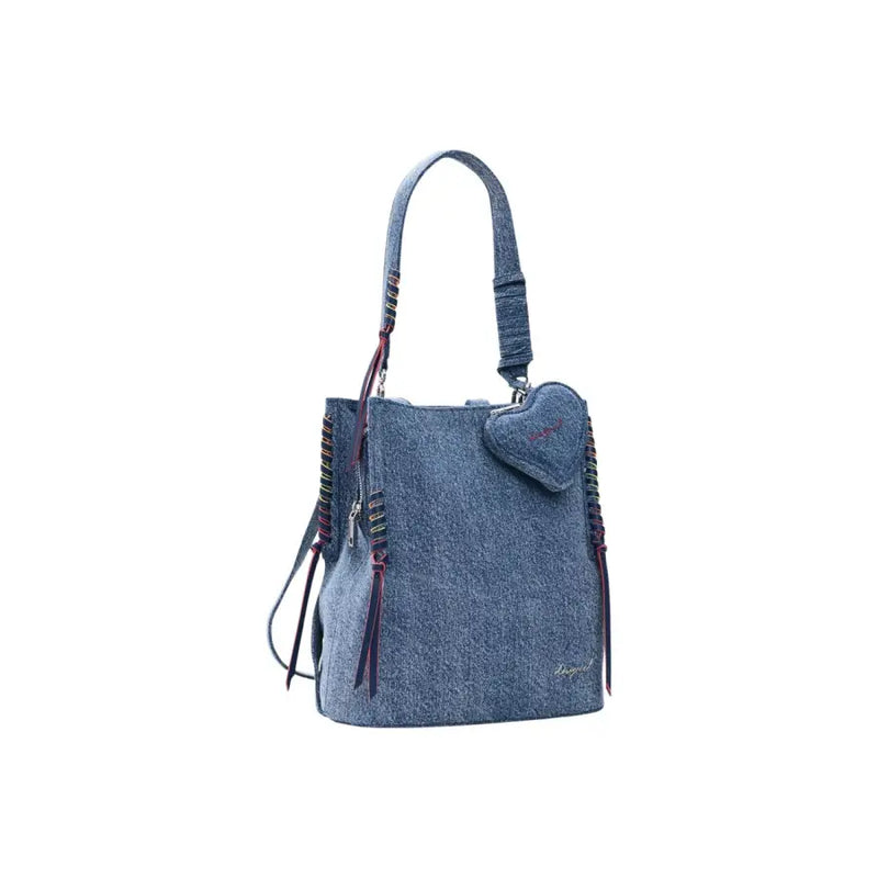 Sac seau zippé en denim bleu Desigual avec breloque cœur, détails tressés et poches