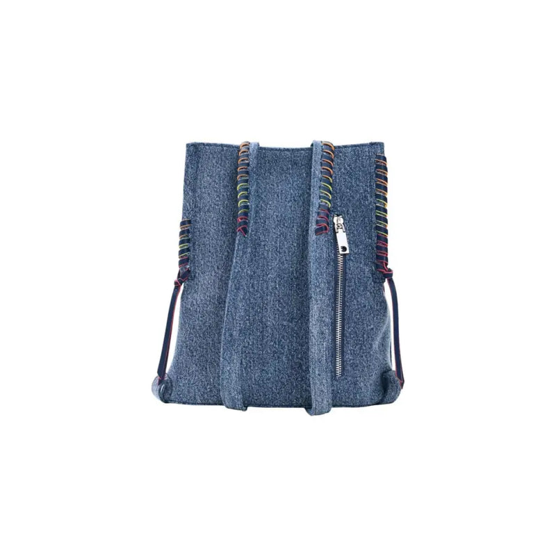 Sac seau en denim bleu Desigual avec fermeture éclair, bordure tressée colorée et poches