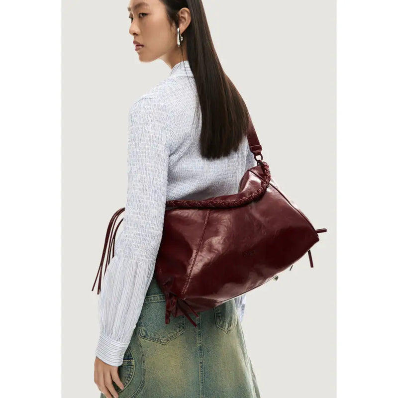 Desigual bordeaux polyester handbag in burgundy leather with braided strap tassel details and zip pocket