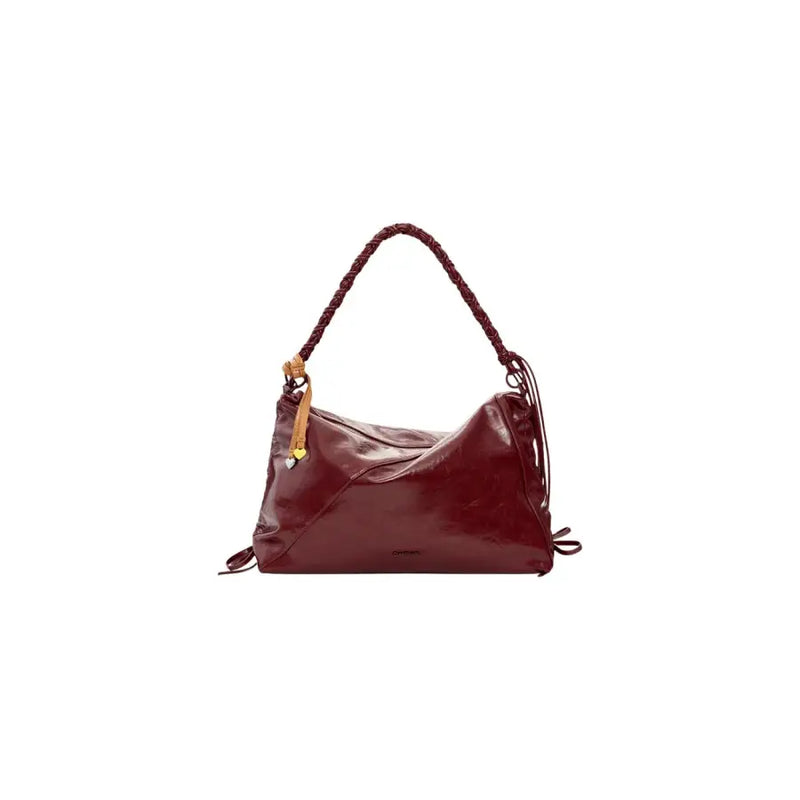 A glossy burgundy polyester desigual bordeaux handbag with braided handle and tan accents featuring a zip pocket