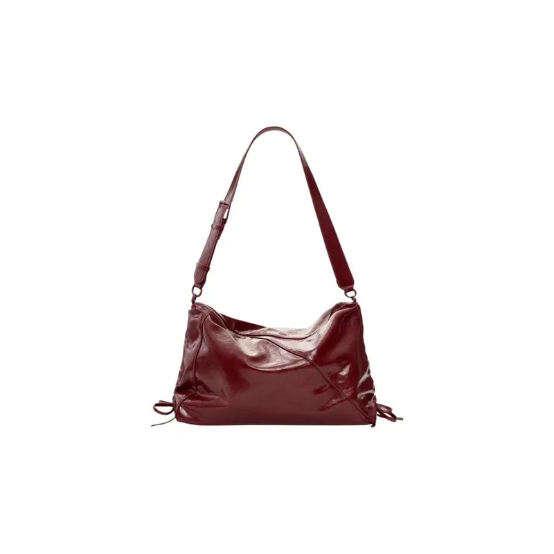 Desigual bordeaux glossy burgundy leather shoulder bag with single strap drawstring ties and zip pocket