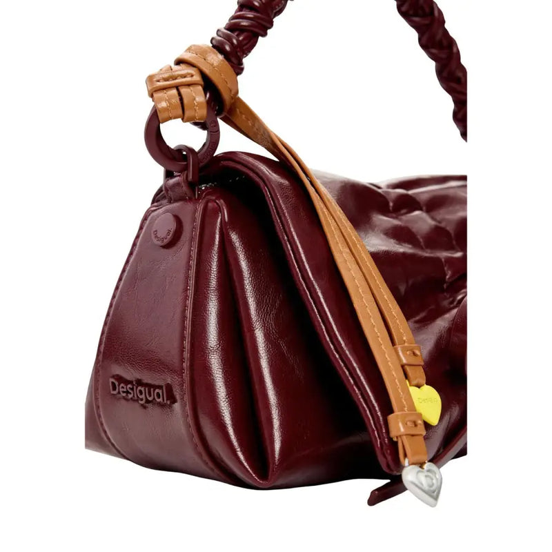 Desigual bordeaux women bag maroon quilted leather with tan braided straps heart-shaped charms button pocket