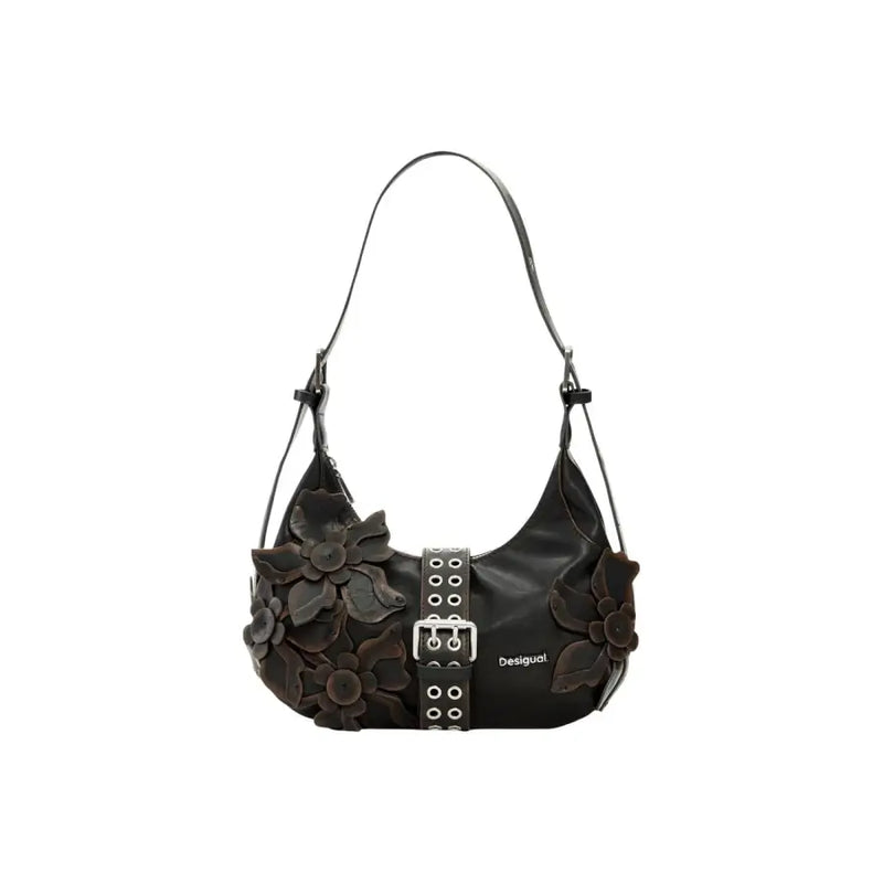 Sac hobo Desigual en cuir marron et noir avec applications florales et bandoulière à boucle