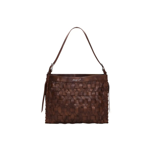 Desigual brown leather woven shoulder bag with braided pattern and fringed sides featuring a zip pocket