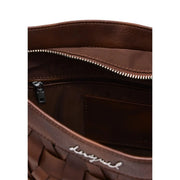 Brown woven leather Desigual handbag with silver zipper and embossed brand logo featuring a zip pocket