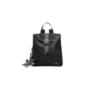 Black leather backpack with silver-toned buckle and floral charm featured as Desigual brown polyester rucksack with zip pockets