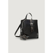 Black leather Desigual rucksack with silver buckle strap and dark gray fabric flower accent featuring zip pockets