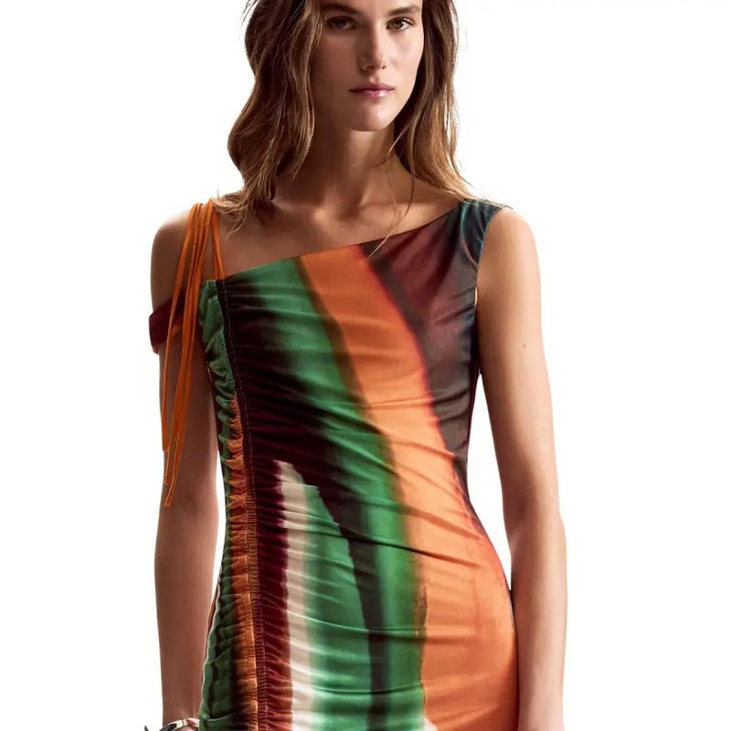 A vibrant desigual brown striped one-shoulder sleeveless dress in polyester elastane with ruched side detailing
